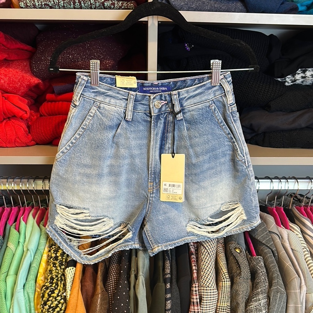 Scotch & Soda blue distressed chino high waisted jean shorts size 25 NWT